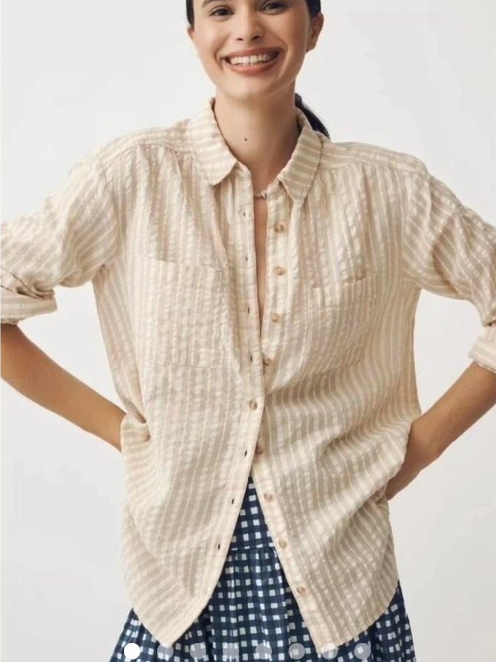 Pilcro Hadley Relaxed Beige and Cream Striped Button-Down Shirt